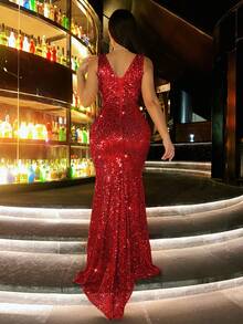 CHOSMO Đầm dạ hội cỡ lớn đính sequin hở lưng thanh lịch, thích hợp cho dạ hội, đám cưới, tiệc sinh nhật, kỷ niệm, lễ tốt nghiệp, lễ hội âm nhạc, tiệc cocktail, tiệc tối trang trọng, chụp ảnh, đi du lịch, biểu diễn sân khấu mùa xuân. - Đỏ - Xem 2