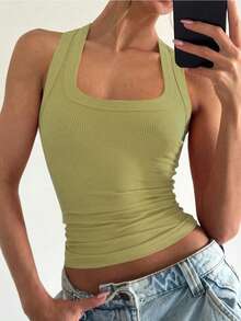 Floreya 女式方领吊带背心，夏季性感简约休闲修身显瘦吊带衫外套，法式无袖露脐上衣，四季皆宜，运动风 - 酪梨綠 - 查看 2