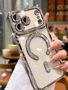 Fashionable Electroplated Rhinestone Transparent Phone Case Compatible With Apple 17 Pro Max, 17 Pro, 17 Air, 17, As Well As Apple 16, 15, 14, 13, A12, 11 Pro Max Plus, Supports Wireless Charging, Durable Anti-Drop, Crystal Rhinestone Design, Long-Lasting, Essential For Fashion Lovers, Ideal Choice For Apple Users, Supports 17 Pro Max And Magsafe Functions. - Silver - View 3