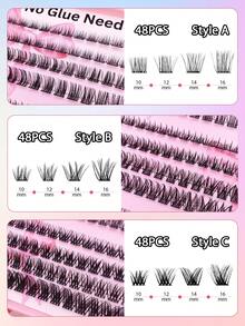 144Pcs C Curl Self Adhesive Individual Cluster Lashes 10-16mm DIY Lash Extension Set Press On Segmented Lashes No Glue Needed Spikes Eyelashes Extension - 黑色 - 查看 7