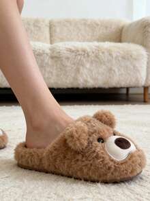 Pantuflas de mujer - Pantuflas de casa de mujer - Pantuflas de peluche con diseño de oso marrón lindo para mujer, pantuflas suaves y cómodas para interiores con suela antideslizante y cálida - Marrón - Ver 3