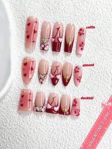 10Pcs Valentine's Day Nail Set,French Manicure Press-On Nails,Mid-Length Almond Nail Art Stickers,Hand-Drawn Hearts Nails,Rose Red Nails,Includes Nail Tools,3 Sizes Available,Almond Nails , Duck Nails,Coffin Nails For Party, Dance, Daily Wear. - 彩色 - 查看 1