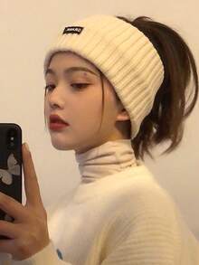 1pc Women Black Wide Brim Knitted Hat, Warm Ear Muff Beanie, Fashionable Korean Style, Autumn/Winter / 2pcs Retro Dotted Headband For Women - Vintage Style Red & White Polka Dot Headband