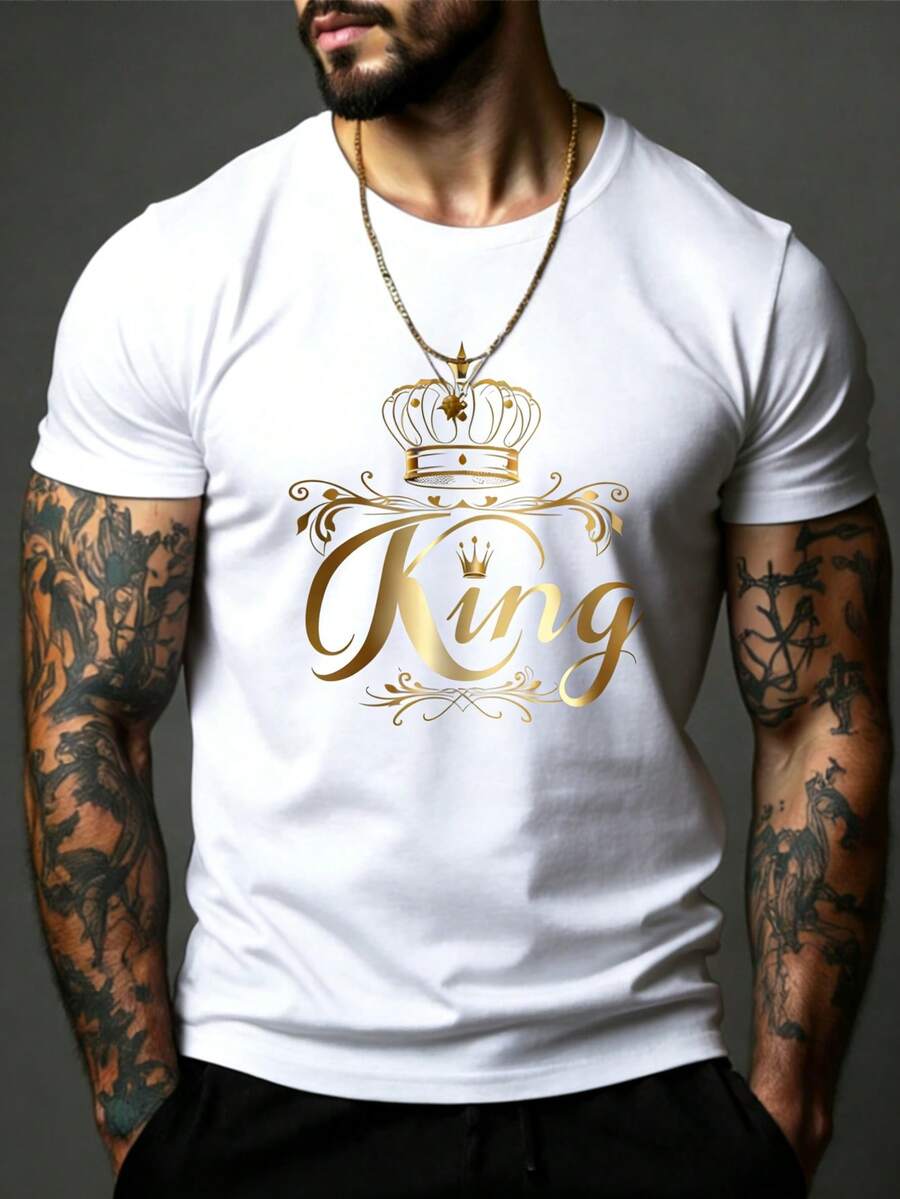 Camiseta de hombre de verano, informal, con estampado de letras y corona, cuello redondo y manga corta - Blanco - Ver 1