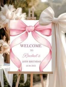 1pc Customizable Pink Ribbon Welcome Sign With Personalized Text For Birthday Party Decor Pink Bow Metal Sign Wall Decor Bachelorette Party Housewarming Gift - Multicolor - View 2