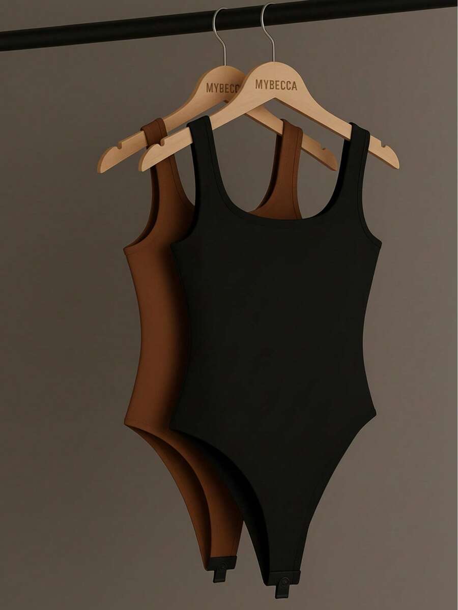 Set Of 2 Women's Square Neck Tank Top Bodysuits With Thick Straps, Winter Colors, Basic Spandex, Travel, Party, Holiday, Christmas - 黑棕色 - 查看 1