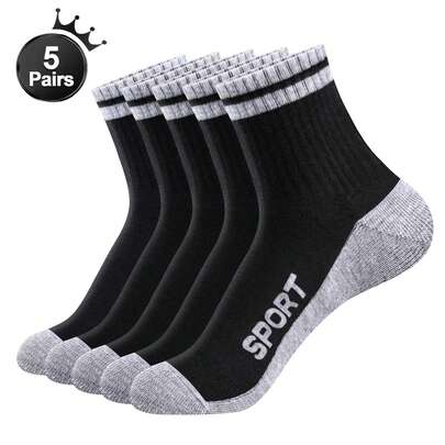 5 Pairs Men's Solid Color Mid-Calf Socks, Comfortable Breathable Soft, Letter Print Ankle Socks, Work Socks, Black & White