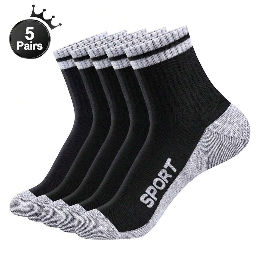 5 Pairs Men's Solid Color Mid-Calf Socks, Comfortable Breathable Soft Short Socks, Work Socks, Black & White