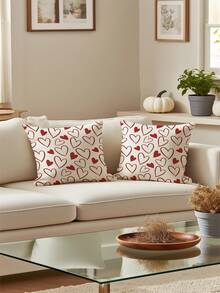 2Pcs Valentine's Day Geometric Check Striped Heart Pattern Pillowcase, Farmhouse Pillowcase, Holiday Party Decoration Home Sofa Living Room Bedroom Bed Sofa Chair Cushion Cover (Unfilled) - Red and White - View 5