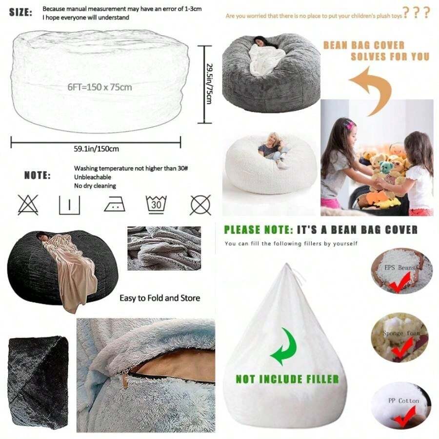 Puff Gigante de 6 pies para Muebles de Sala de Estar para Adultos, Redondo, Suave, Esponjoso, de Piel sinttica, BeanBag, Funda para sof Cama Perezoso sin Relleno - Azul - Ver 1