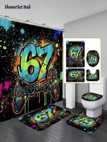 1/3/4pcs Gaming Controller Graffiti Number 67 Shower Curtain Bathroom Sets,Cool Gamer Waterproof And Wear-Resistant Accessories,With 12 Hooks - Includes Toilet Seat Cover, Bath Mats, And Rugs - Plastic Fabric - Washable,Mildew-Resistant - Perfect For Holiday Decor,Home/Bedroom/House/Western/Spring Decor,
