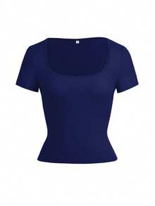 女士纯色针织方领性感修身短款T恤，收腰设计，适合休闲、海滩、度假、校园穿着以及复活节装扮 - 藏蓝色 - 查看 3