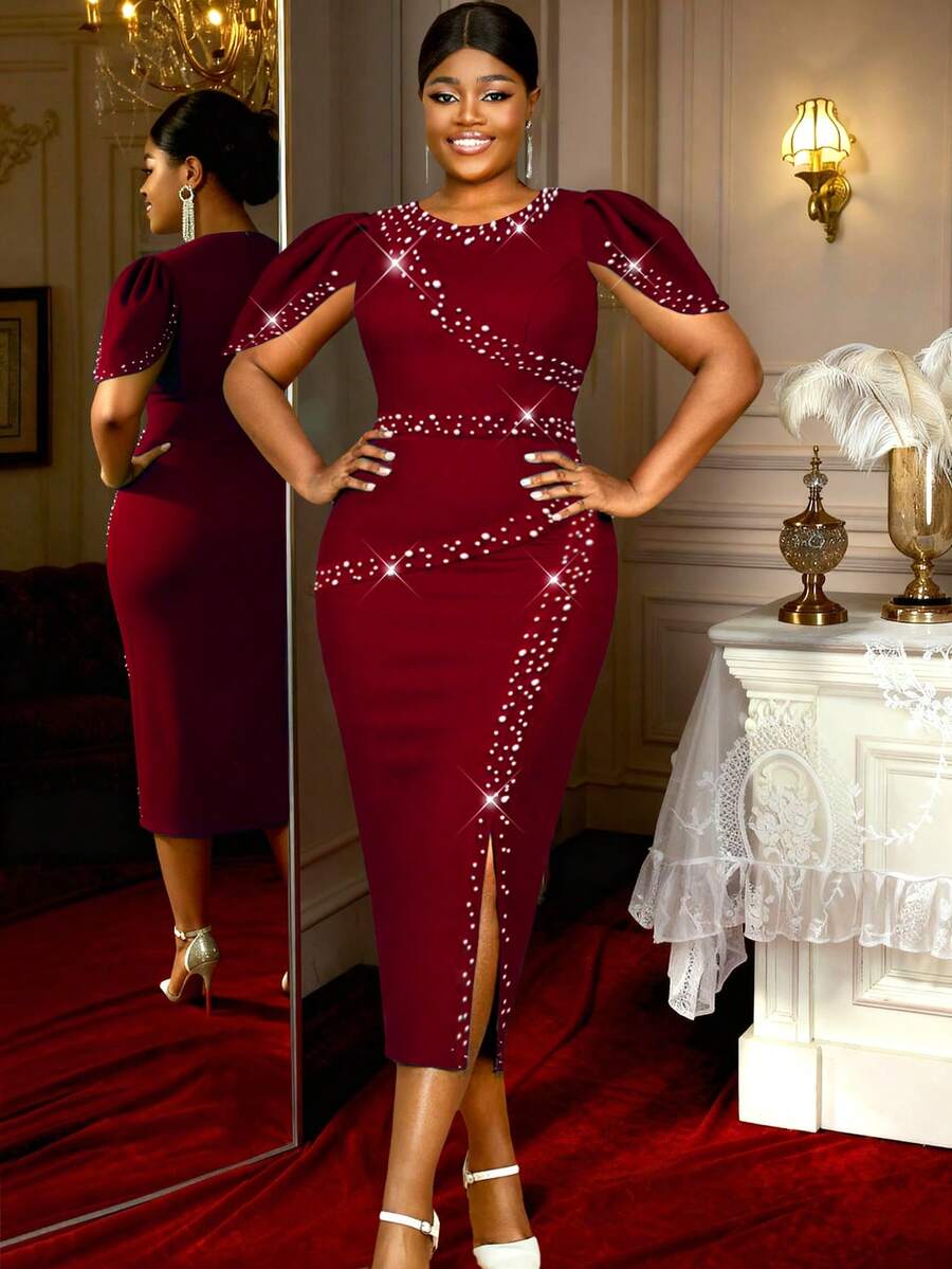Women Elegant Front Split Party Midi Dresses Cap Sleeves Beaded Bodycon Formal Evening Cocktail Long Dress,Outfit For Date,Party,Wedding Dress,Bridesmaid Dress,Graduation Dress,Wedding Guest Fall Women Clothes,Back To School - rượu vang đỏ - Xem 1