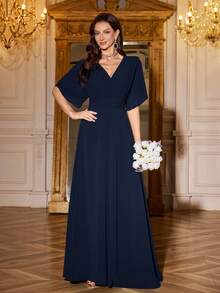 Volly Toych 藏蓝色优雅高贵V领半袖长款伴娘礼服，饰有垂褶荷叶边雪纺长款正式伴娘礼服，新娘母亲礼服 - 藏蓝色 - 查看 7