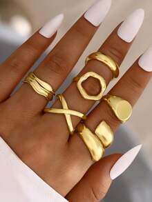 16/6pcs Set Vintage Elegant Bohemian Style Women Wide Face Asymmetrical Geometric Line Design Metal Ring Set, Suitable For Daily Wear - Gold 5 - View 2