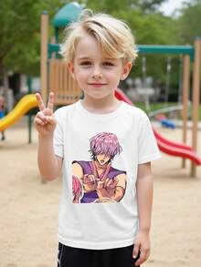 Boys' K-Pop Inspired Graphic T-Shirt - Vibrant Anime Character Print, Short Sleeve Crew Neck, Lightweight Summer Casual Top, Black With Colorful Design, Perfect For Casual Attire, Playful Kids Fashion, Comfortable Kids Wear, For Teenager - 白色 - 查看 4