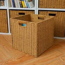 1pc Paper Rope Woven Square Storage Basket With Transparent Window And Handle, Foldable, Space-Saving, Natural Material, Suitable For Bedroom, Kitchen, Bathroom, Toy Storage, Organizer Box, Multi-Purpose Storage Box For Clothes, Blankets, Miscellaneous Items, Practical And Decorative. - Khaki - View 4