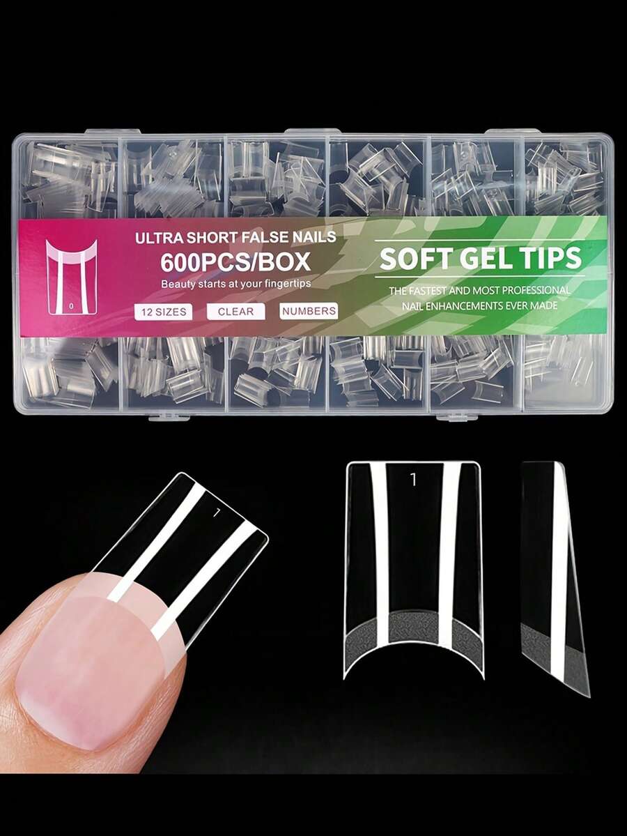 600 piezas Puntas de uñas artificiales cuadradas acortadas y en punta, rectas, transparentes, con forma francesa prediseñada para extensión de uñas, 12 tamaños, DIY para salón - transparente - Ver 1