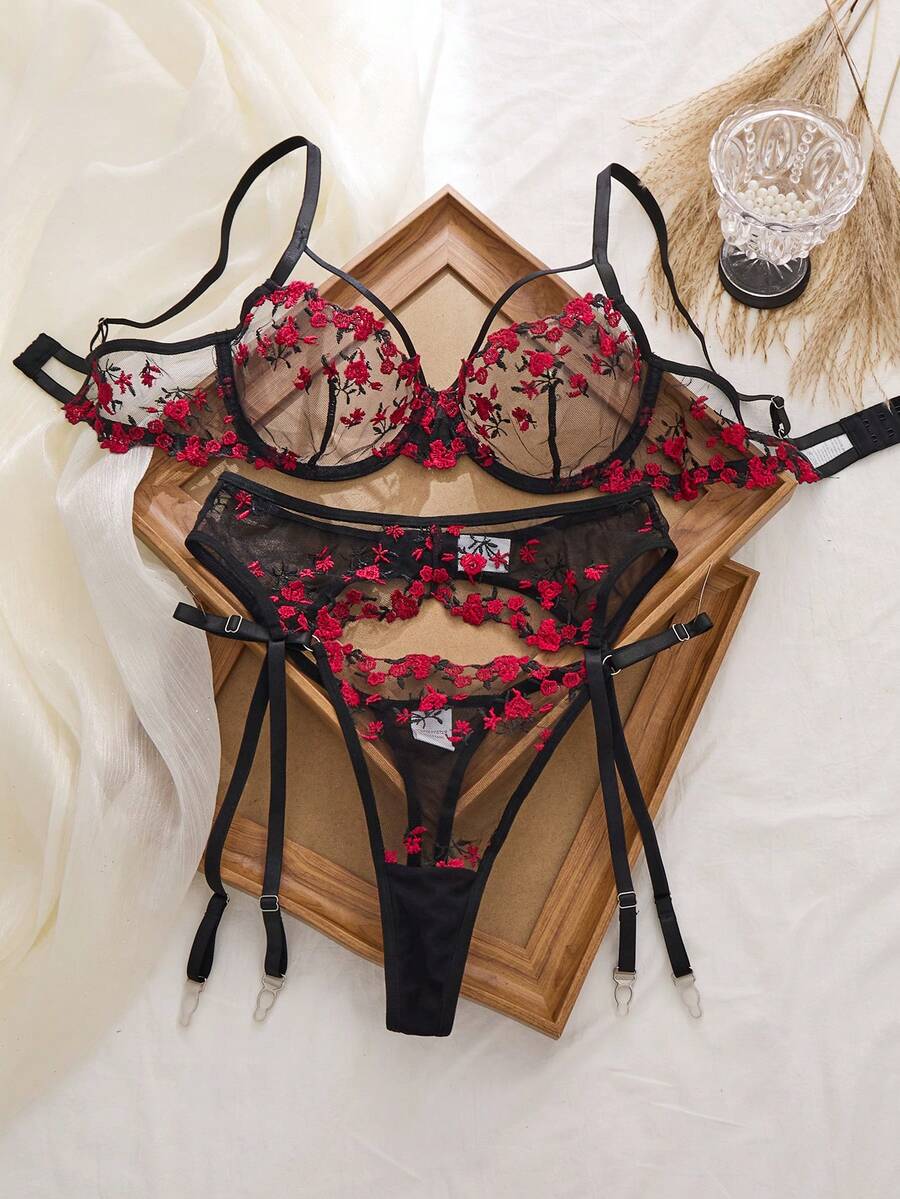 Valentines Day Lingerie, Black And Red Goth Lingerie Set,2 Piece /Set, Single-Layer Flower Embroidery Sexy Lingerie Set For Women, Perspective Bra And Panty Set, Pure Desire, Daily Underwear Suit For Women. Lenceria Sexy Para Mujer - màu đen - Xem 1