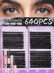 640pcs Lash Clusters DIY Eyelashes Extensions Kit, D Curling Eyelashes Extension Kit, Black Ndividual Lash Clusters Kit 8-16mm D30/D40/D50D60/D80 Black D-Curling Eyelashes Cluster Extension Kit, Large-Capacity Cluster False Eyelashes, Natural Style Comic Eyelasesh Kit Bond&Seal, Lash Tweezer Whith Eye Makeup Remover & Applicator For At-Home - Black - View 10
