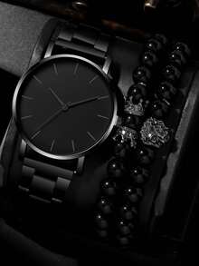 3pcs/Set Fashionable Versatile Men's Steel Band Quartz Watch With Lion Crown Bead Bracelet Set, Suitable For Business, Party And Daily Wear, Best Gift For Men - Black - View 8