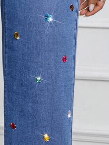Quần ống rộng denim màu trơn phong cách đường phố thời trang dành cho nữ, ống rộng có túi đính đá pha lê, không co giãn, mềm mại và thoải mái khi mặc hàng ngày, mùa xuân/hè/thu/đông - Màu xanh lam - Xem 6