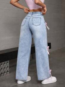 Women's Casual And Fashionable Loose Straight Leg Jeans, Paired With Bow Decorations, Charming And Beautiful, Suitable For All Seasons, Mid Waist Shooting, Suitable For Parties/Dances, Parties, Birthday Parties, Banquets, Nightclubs, Nightclubs, Music Festivals, Concerts ,Valentine's Day, - 淺藍色 - 查看 4