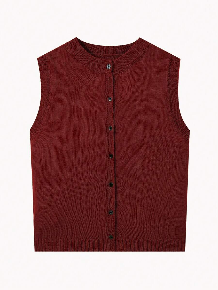 Women's Minimalist Round Neck Solid Color Button Front Knit Cardigan Vest, New Year - Red - View 1