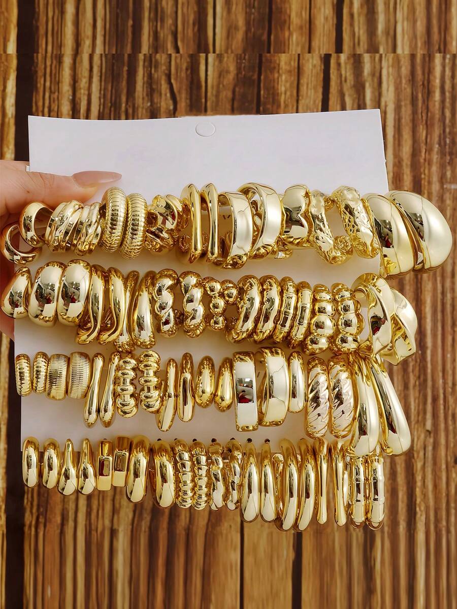 1 Set Fashionable Minimalist Geometric Pattern CCB Earrings Set, Suitable For Daily Wear, Birthday/Holiday Gift For Friends - Yellow Gold - View 1