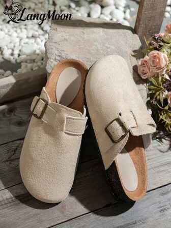 2026 New Apricot Ultra-Light Thick Soft Bottom Flat Sandals For Women, Fashion Buckle Open Toe Clogs Style Wooden Sole Casual Mules, Thick Sole Lightweight Comfortable Vacation Slippers. Shuzia Shoes, Women Summer Autumn Sandals, High-Quality Suede Buckle Design, Thick Sole Elevator Shoes, Suitable For Vacation, Beach, Date, Commuting, Comfortable Versatile, Ideal For Halloween, Christmas, Shopping