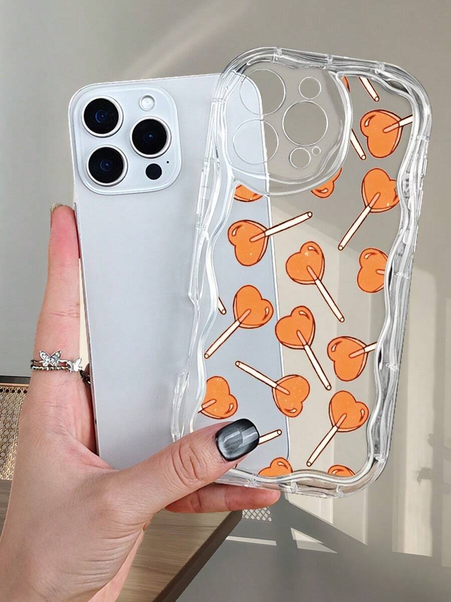 Funda para teléfono con estampado de piruleta en forma de corazón, diseño estético gastronómico, duradera, compatible con iPhone 16ProMax/16E/16Pro/16Plus/16/15ProMax/15Pro/15Plus/15/14ProMax/14Pro/14Plus/14/13ProMax/13Pro/13/13Mini/12ProMax/12Pro/12/12Mini/11ProMax/11Pro/11/XSMAX/XR/X/XS - Transparente - Ver 1