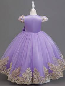 Elegant Sleeveless Embroidered Trailing Luxurious Princess Dress, Tulle Puffy Performance Flower Girl Evening Gown - Lilac Purple - View 3