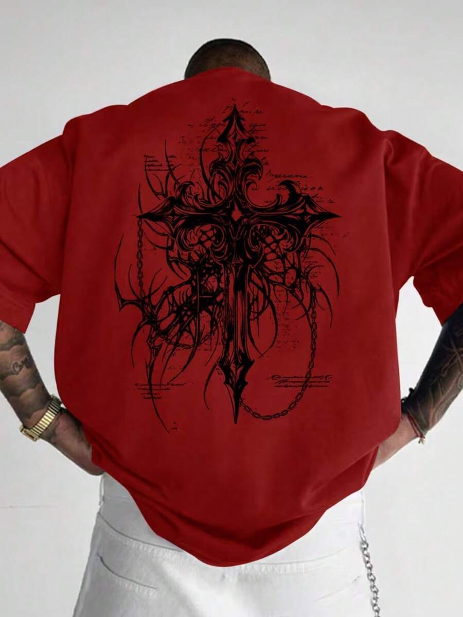 Gothic Cross T-Shirt, Unisex Men's And Women's Blouse, 100% Cotton, Premium Top Streetwear, New Arrivals, Immediate Shipping, Various Colors!! Plus Size - 紅色 - 查看 1