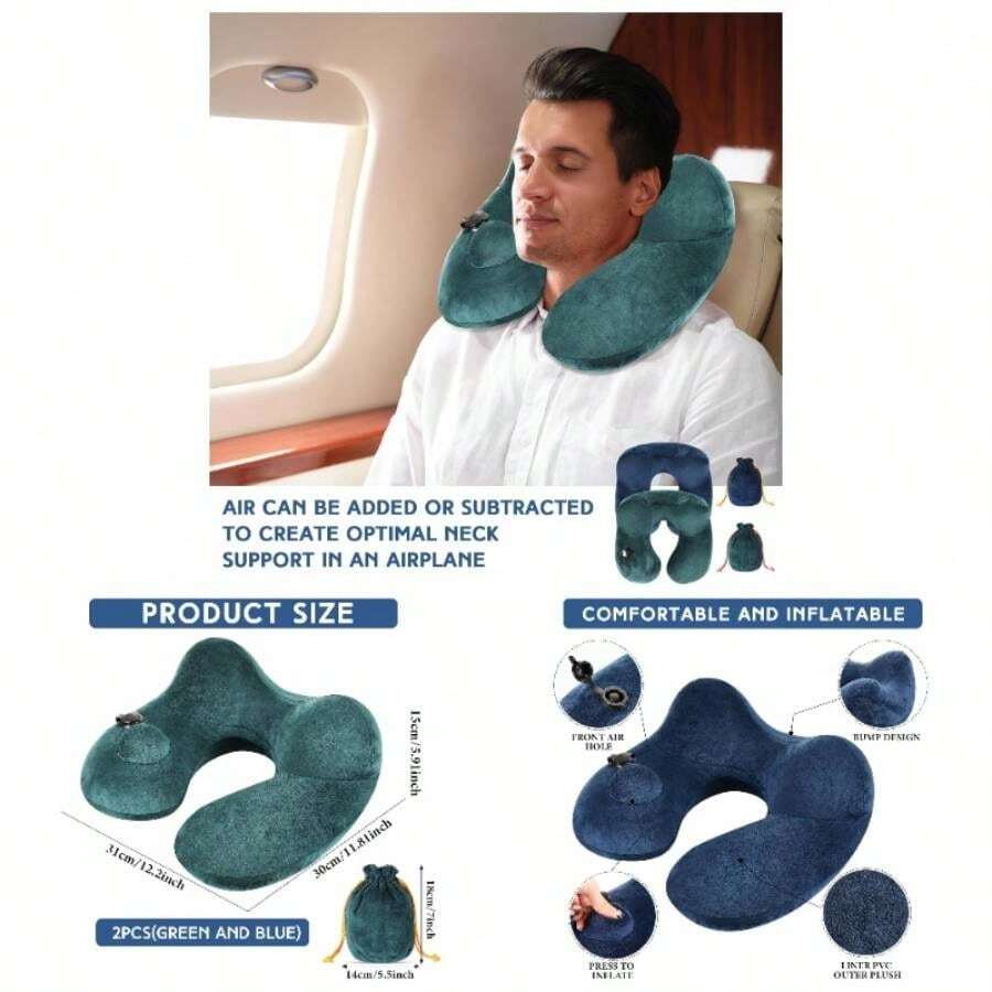 2Pcs Self - Inflatable Pillow Soft Airplane Travel Pillow With Compact Bag Long Flight Neck Cushion Support Car Home Office 12.2x11.81x5.91inPeacock Green, Blue - 孔雀綠,藍色 - 查看 1