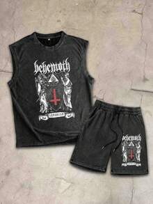 Simple Men's Washed Vintage Letter & Cross Print Crew Neck Tank Top And Shorts Set - Black - View 2