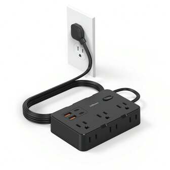 JcBlaon 超薄扁平插头延长线，5英尺浪涌保护电源条带，带4个USB端口（2个USB C），6个宽插座延长器，壁挂式。