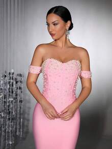 水钻露肩开衩高开衩伴娘礼服，绷带派对礼服 - 粉色 - 查看 8