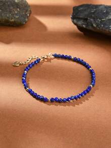1pc Bohemian 18K Gold Plated Natural Lapis Lazuli Faceted Bead Bracelet, Suitable For Women's Daily Wear And Stacking - Lapis Lazuli 2 - View 1