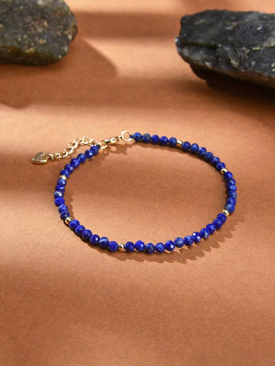 1pc Bohemian 18K Gold Plated Natural Lapis Lazuli Faceted Bead Bracelet, Suitable For Women's Daily Wear And Stacking - Lapis Lazuli 2 - View 1