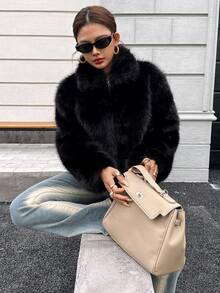 山茶花新款秋冬女装时尚休闲简约仿皮草效果外套 - 黑色 - 查看 6