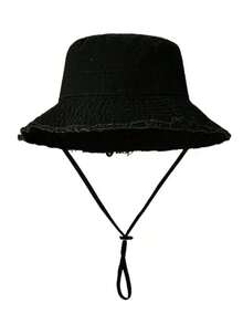 1pc Women's Drawstring Brim Bucket Hat, Outdoor Bucket Hat With Adjustable Chin Rope Frayed Design Bucket Hat ,Soft Fabric, Windproof, Fashionable, Suitable Travel Beach Seaside Leisure Vacation Daily Use - Multicolor - View 5