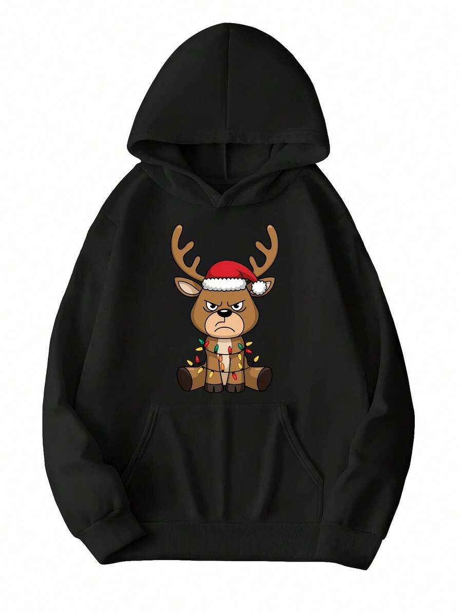 Women-S Festive Reindeer Print Hoodie With Pocket - Casual Longeeve Pullover, Polyester, Non-Stretch Knit Fabric, Hine Washable - Perfect For Fall And Winter - Đen 14 - Xem 1