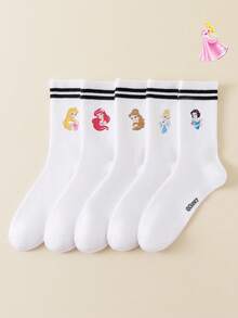 Disney 5/1 Pair Princess Series Pattern Women's Crew Socks With Black & White Stripes, Cute Cartoon Patterns, Moisture-Wicking Casual Versatile Athletic Crew Socks, Suitable For Students/Adults As Gifts Or Daily Wear - White - View 12