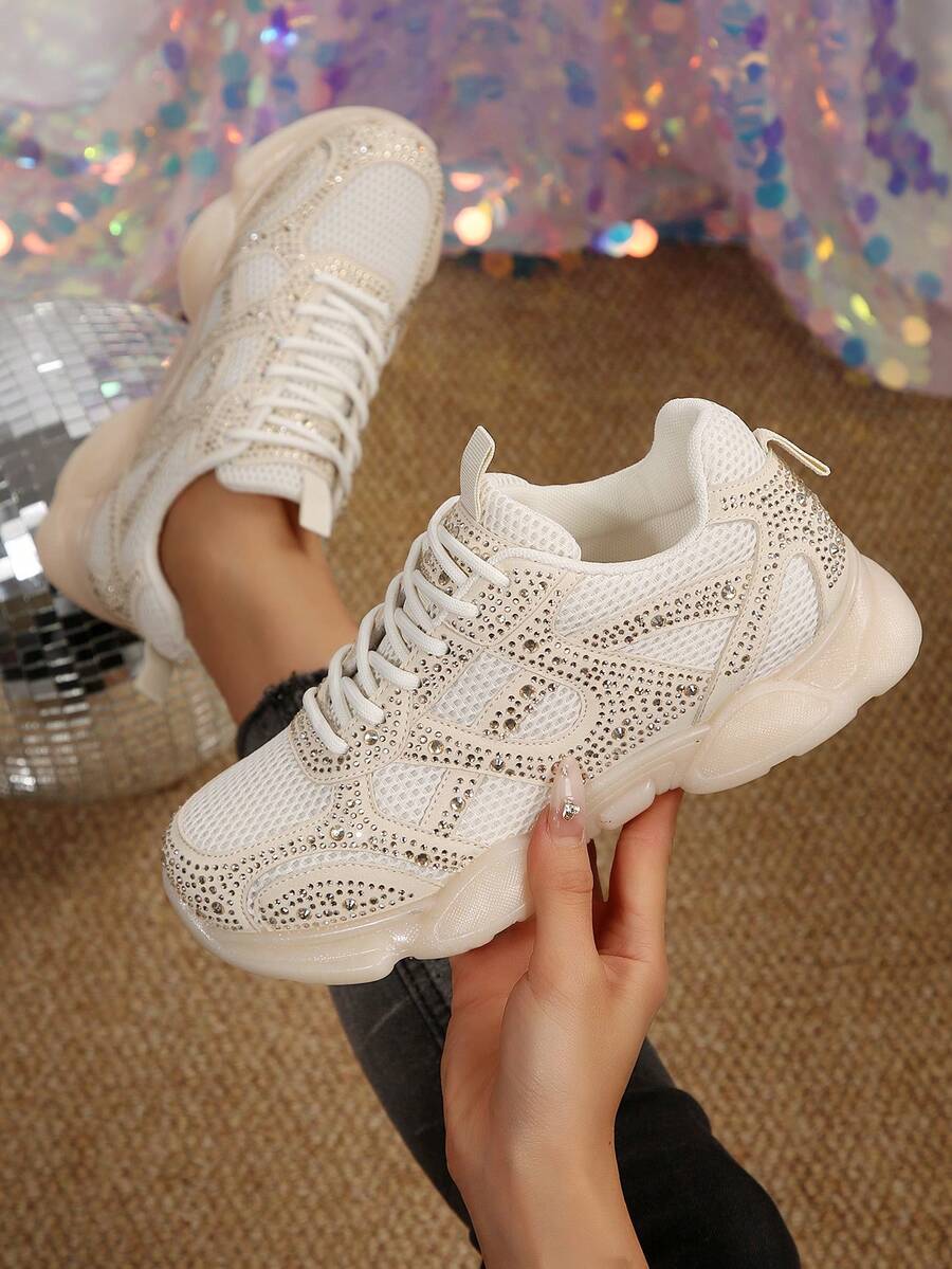 Women's Mesh Rhinestone Solid Color Lace-Up Jelly Sole Casual Sports Shoes - Beige - View 1