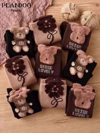 3 Pairs/1 Pair Fluffy Bear Design Mid-Calf Socks For Women, Cute Versatile Long Socks For Autumn/Winter