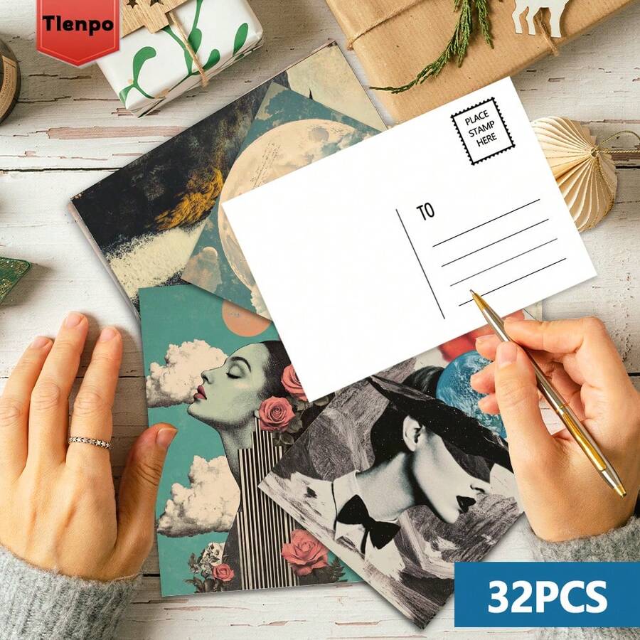Tlenpo 32张超现实拼贴明信片,充满想象力的明信片,梦幻般的拼贴艺术明信片,创意日记页墙面装饰,家居装饰,适用于贺卡/剪贴簿/墙贴/祝贺信息/邮寄/纪念品,明信片/贺卡/墙贴,装饰卡片,生日,活动,派对,学习用品(不含配件) - 套裝 - 查看 1