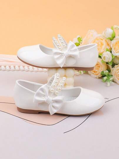 Flower Girl Shoes For Wedding, Party, Holiday, Suitable For Toddler, Little & Big Girls, White Elegant Pearl Bow Decor Leather Shoes, Formal Dress, Recital, Ballet, Princess Shoes, Comfortable & Versatile