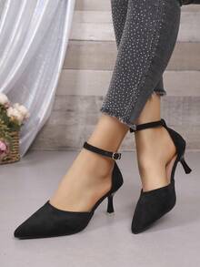 Women's Pointed-Toe D'Orsay Low-Heel Pumps With Ankle Strap For Banquets - Black - View 6