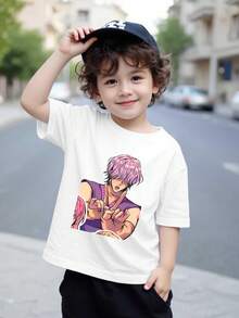 Boys' K-Pop Inspired Graphic T-Shirt - Vibrant Anime Character Print, Short Sleeve Crew Neck, Lightweight Summer Casual Top, Black With Colorful Design, Perfect For Casual Attire, Playful Kids Fashion, Comfortable Kids Wear, For Teenager - 白色 - 查看 1