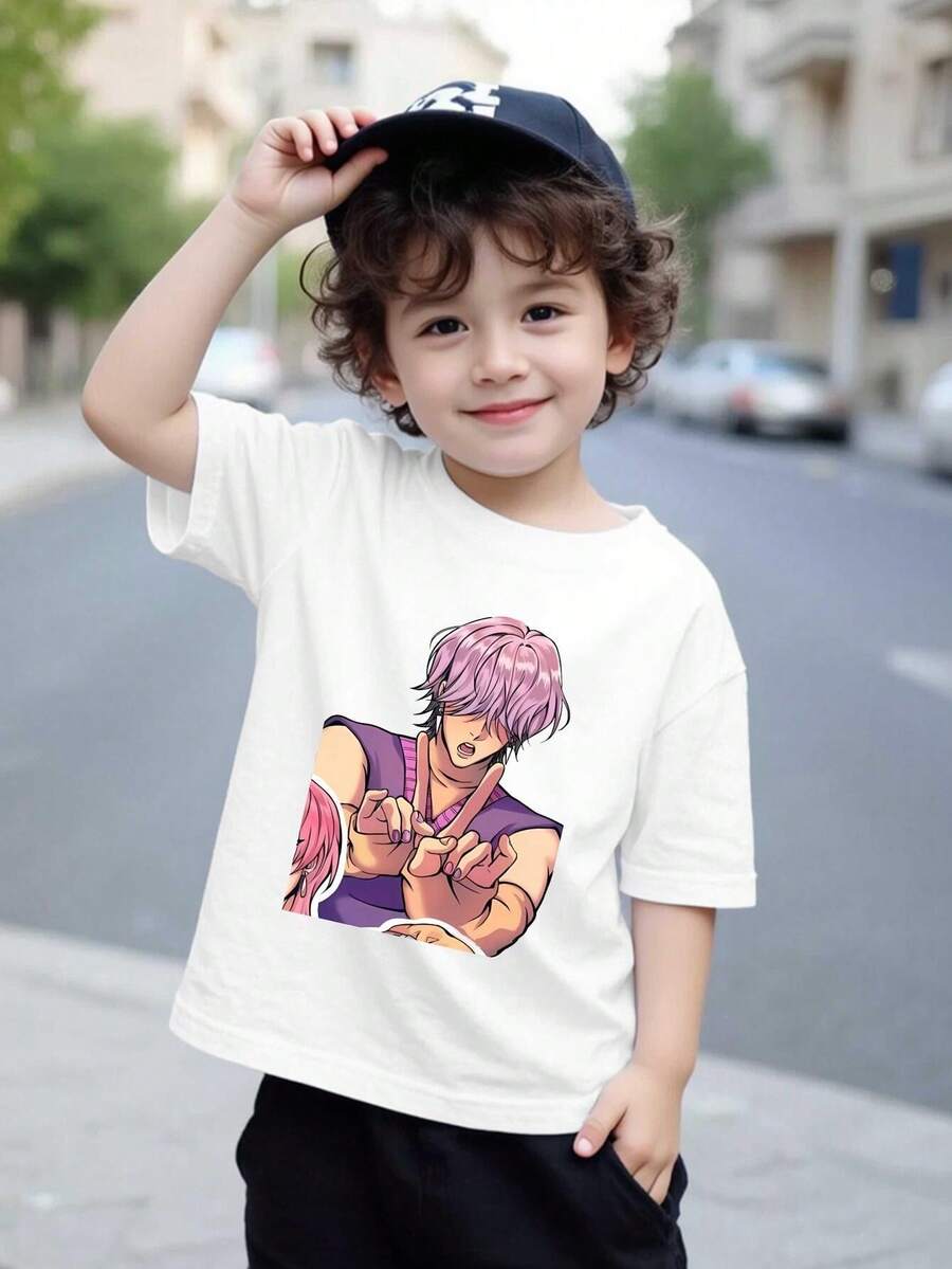 Boys' K-Pop Inspired Graphic T-Shirt - Vibrant Anime Character Print, Short Sleeve Crew Neck, Lightweight Summer Casual Top, Black With Colorful Design, Perfect For Casual Attire, Playful Kids Fashion, Comfortable Kids Wear, For Teenager - 白色 - 查看 1